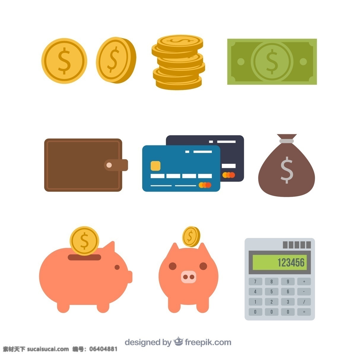 款 彩色 金融 元素 图标 计算器 金币 信用卡 钱包 银行卡 储蓄罐 钱袋 标志图标 其他图标