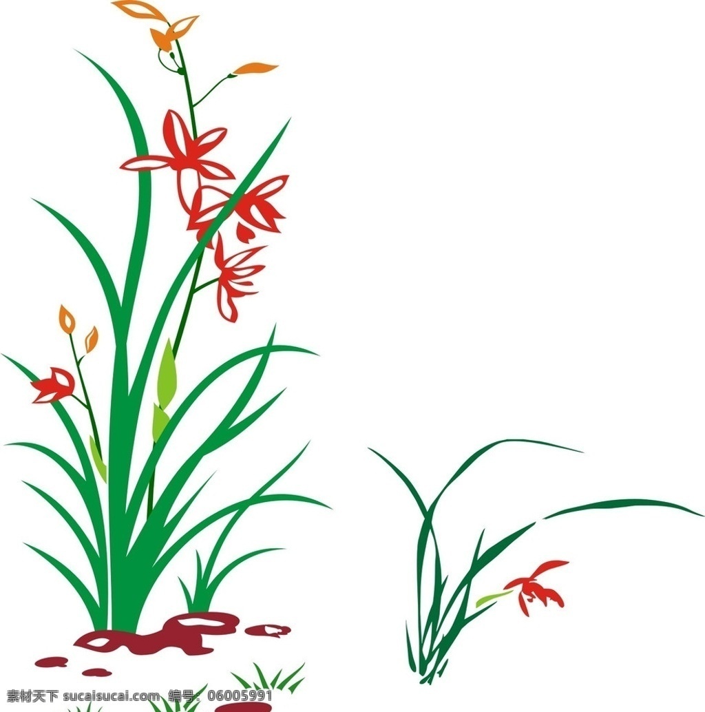 兰花 花纹 花边 绿草 红花 矢量素材 其他矢量 矢量