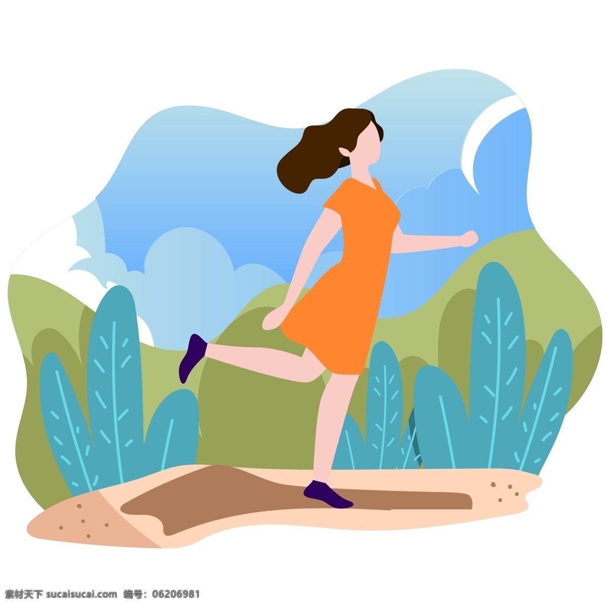 插 画风 公园 散步 运动 跑步 矢量 元素 插画