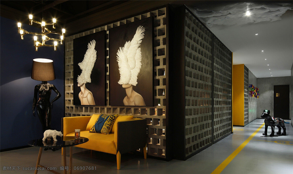 个性吊灯 灰色地板砖 灰色墙壁 客厅 圆形茶几 简约 浅黄色 沙发 工装 效果图