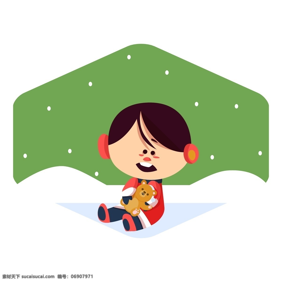 卡通 可爱 风格 音乐 男孩 元素 小熊 冬季 雪地 节日 耳麦