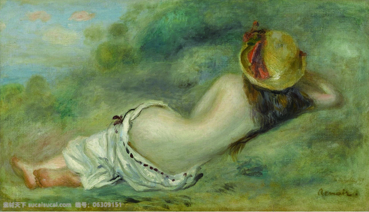 renoir 印象 法国 画家 皮埃尔 奥古斯特 雷诺阿 pierre grass on laying hat in bather auguste 印象派 人物 油画 静物 装饰画 家居装饰素材