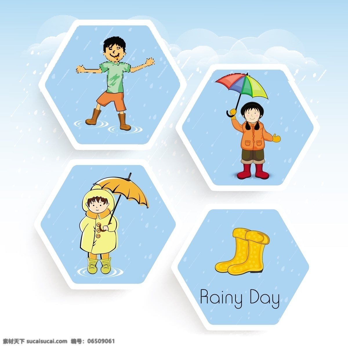 蓝色 天气 男孩 女孩 标签 模板下载 雨靴 雨伞 儿童幼儿 矢量人物 矢量素材 白色