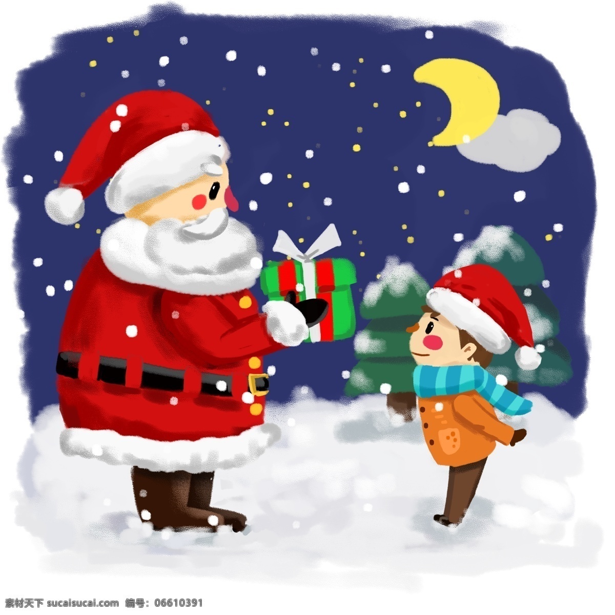 卡通 冬季 圣诞节 圣诞老人 送 小朋友 礼物 圣诞夜 圣诞礼物 送礼物 送礼 物 卡通手绘 夜晚 月亮 雪花 雪地 西方节日