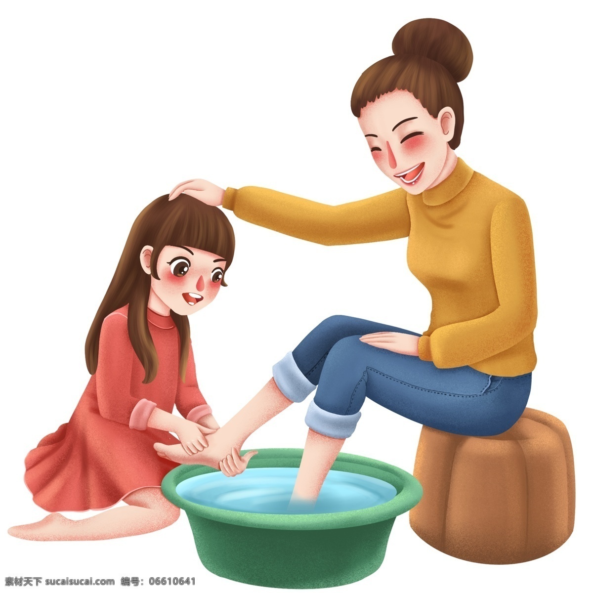 温馨 母亲节 女儿 妈妈 洗 脚 手绘 治愈系 插画 女孩 洗脚场景