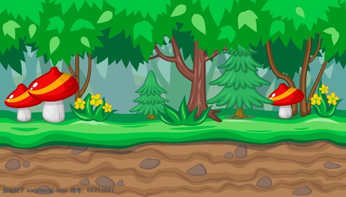 森林 里 蘑菇 插画 卡通 风景 可爱 大树 绿色 植物