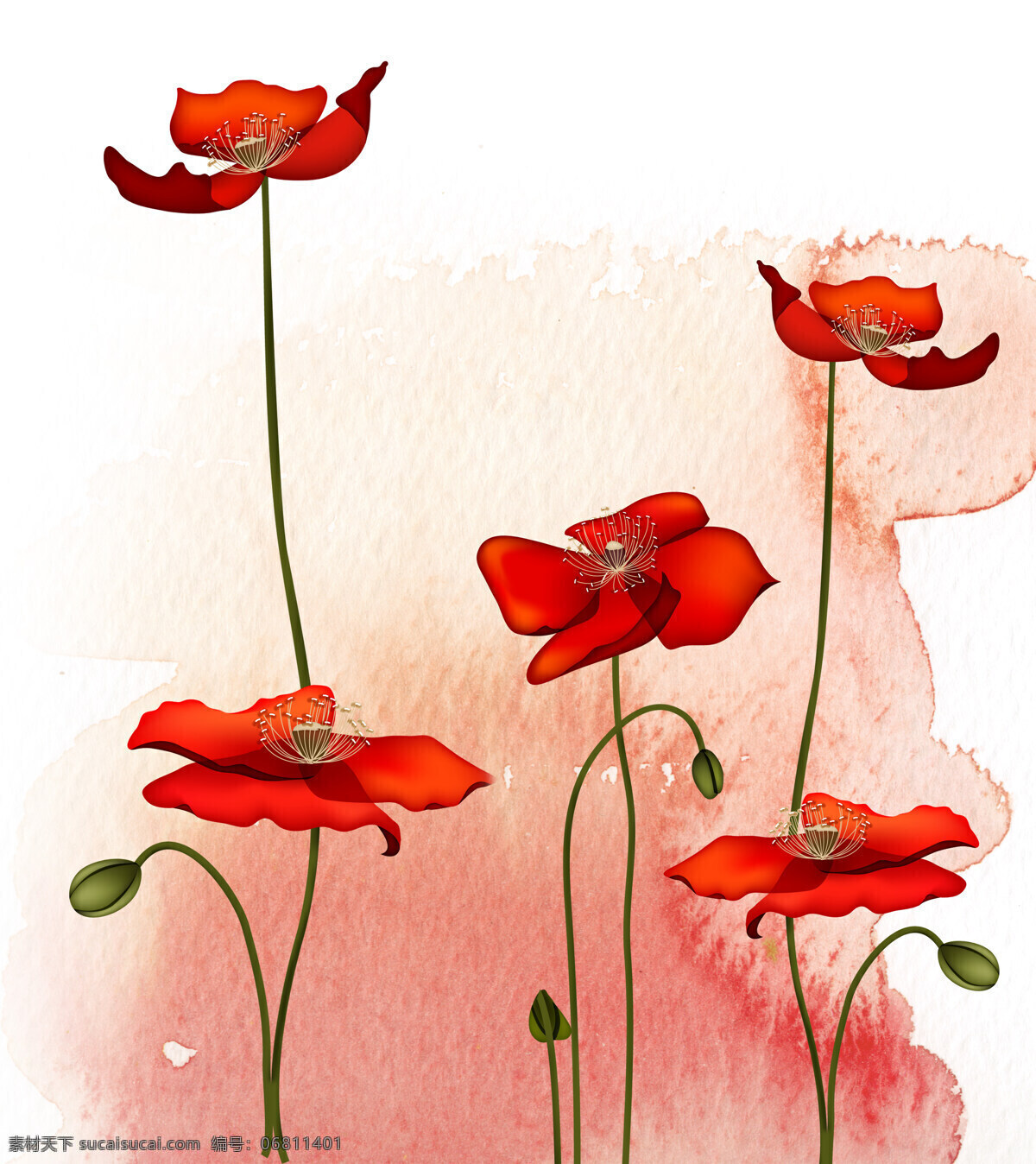 明艳 动人 移门 图案 插画 抽象 个性 红色 花瓣 花蕾 装饰素材