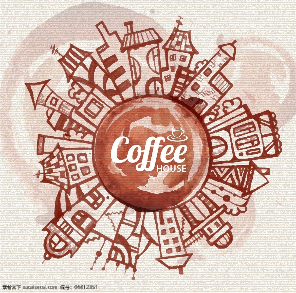 咖啡渍 绘 城市 背景图片 建筑 旅行 咖啡 咖啡屋 矢量 高清图片