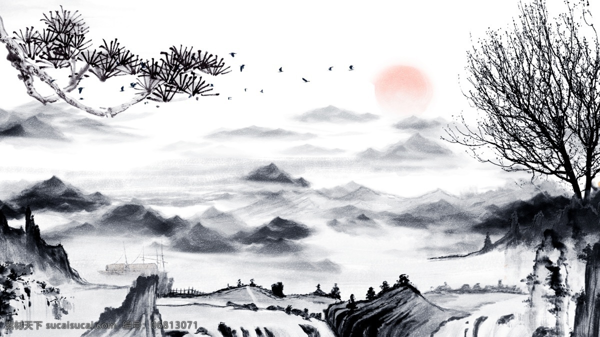 中国 水墨画 村庄 背景 黑白 中国风 水墨背景 背景素材 卡通背景 插画背景 广告背景 psd背景 背景展板 手绘背景