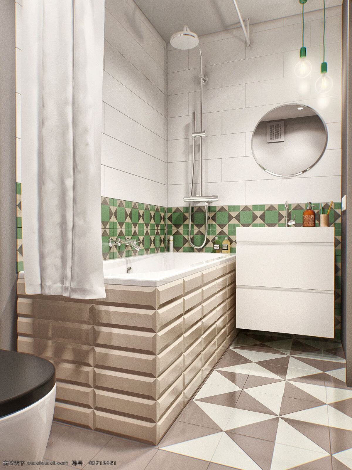 简约 时尚 卫生间 浴缸 装修 效果图 窗帘 吊灯 花色地板砖 马桶 洗手盆