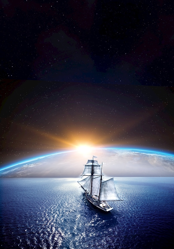 开向未来 船舶 船 星空 海洋 夜色 湖水 宁静 自然景观 自然风景