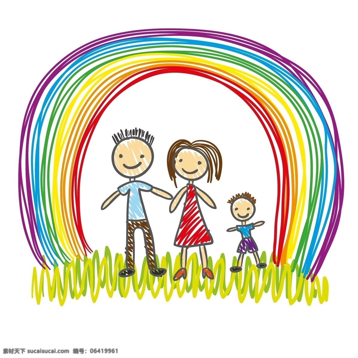 彩虹 下 一家人 儿童画 手绘 矢量图 矢量人物