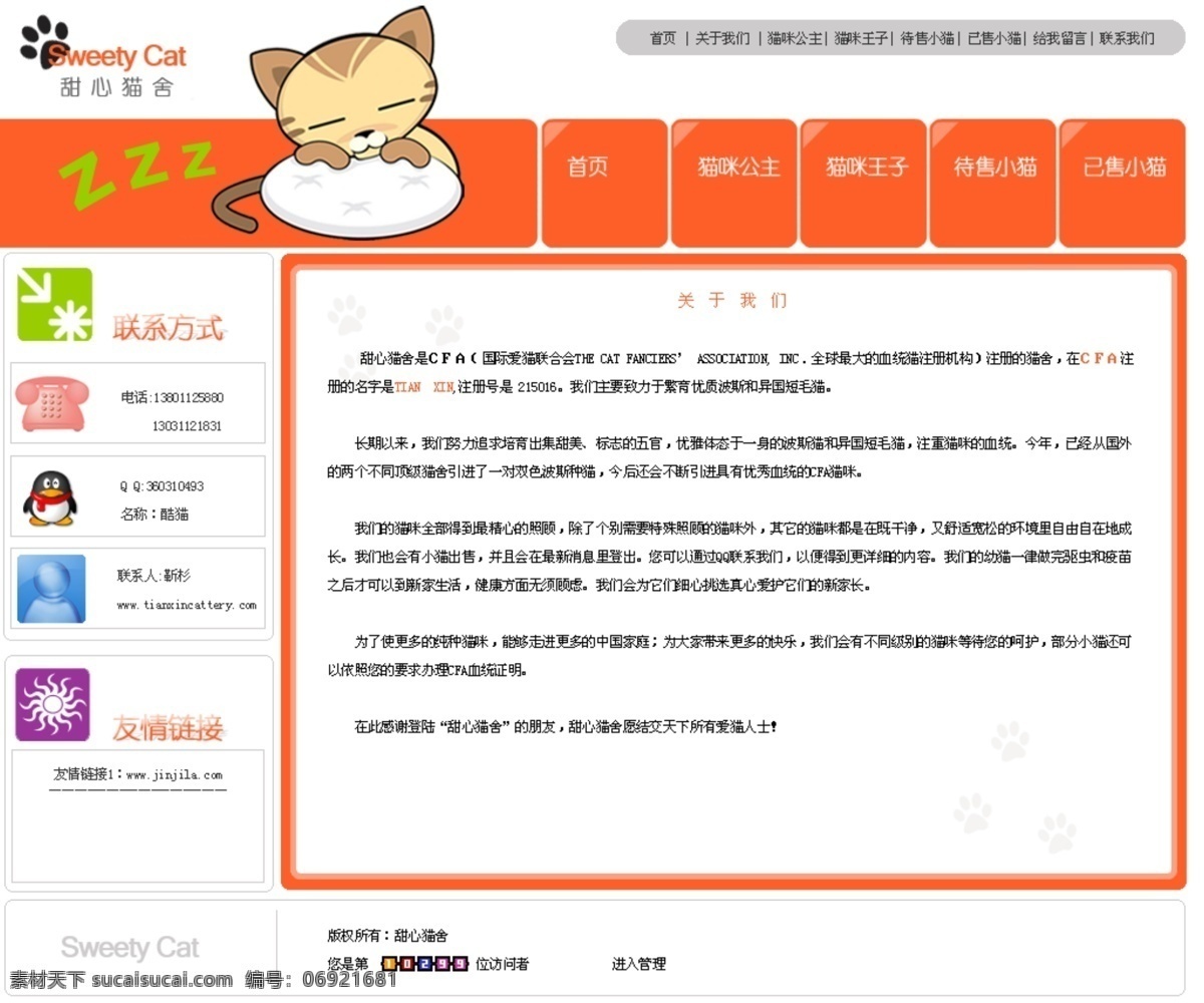 宠物 服务公司 网页模板 服务 联系 猫 中国风格 橙黄色色调 网页素材