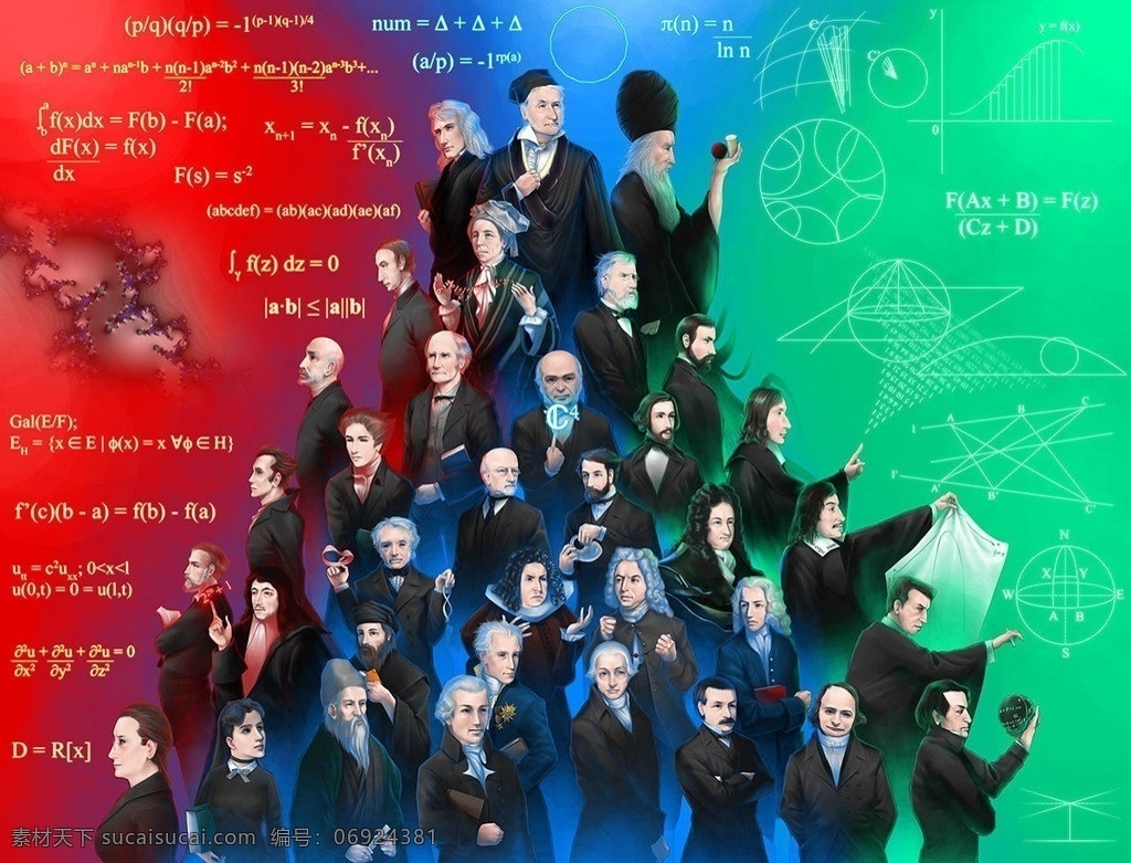理学诸神谱 数学家 数学 公式 手绘 全家福 红色 蓝色 绿色 科学研究 现代科技