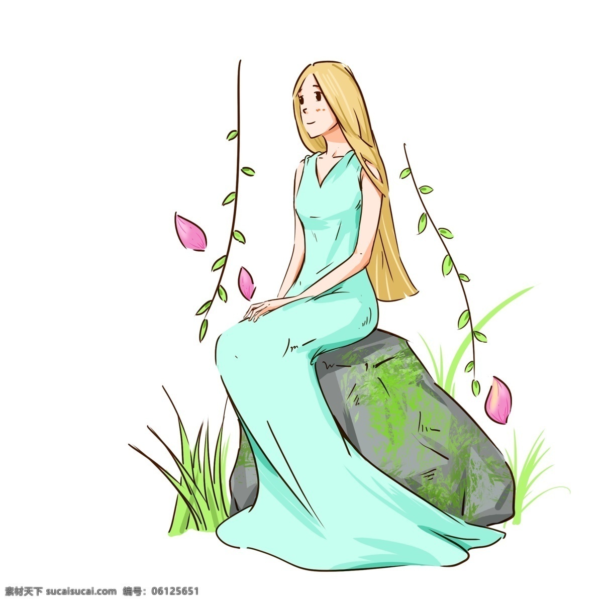 谷雨 坐在 石头 上 女孩 插画 谷雨插画 节日装饰 绿色裙子 粉色花瓣 绿色植物 枝条