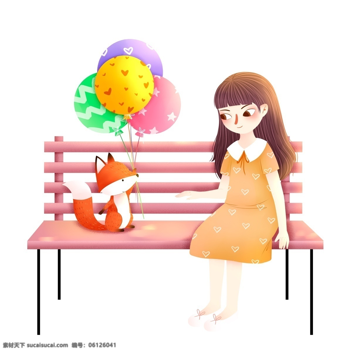 卡通 小 清新 坐在 长椅 上 女孩 狐狸 小清新 插画 人物 公园长椅 气球