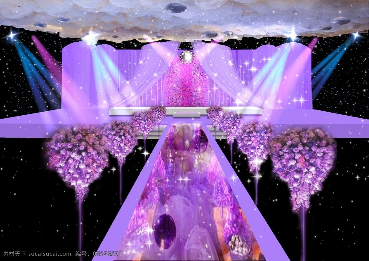 紫色 舞台灯光 布 幔 星光 舞台 婚礼 灯光 布幔 鲜花路引 镜面地毯 镜面球 吊顶 鲜花墙 黑色