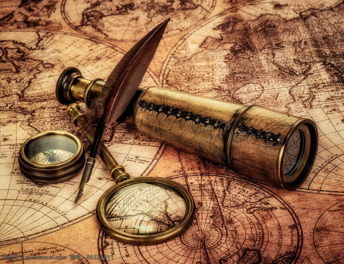 地图 上 航海 工具 放大镜 指南针 怀表 航海工具 怀旧地图 环球旅行 导航 其他艺术 文化艺术 黑色