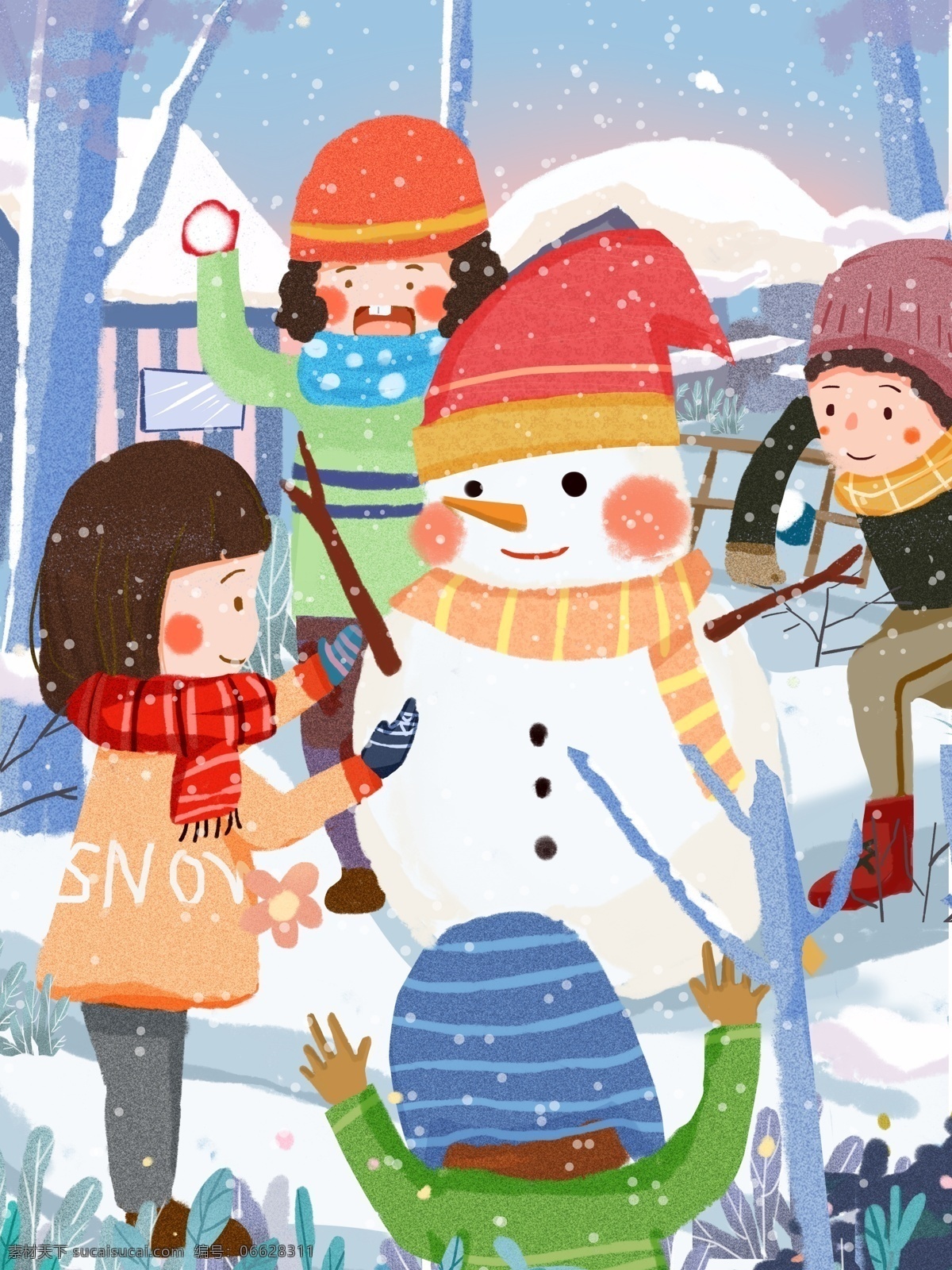 冬日 早晨 孩子 打雪仗 堆 雪人 可爱 温暖 插画 冬天 温馨 堆雪人 儿童