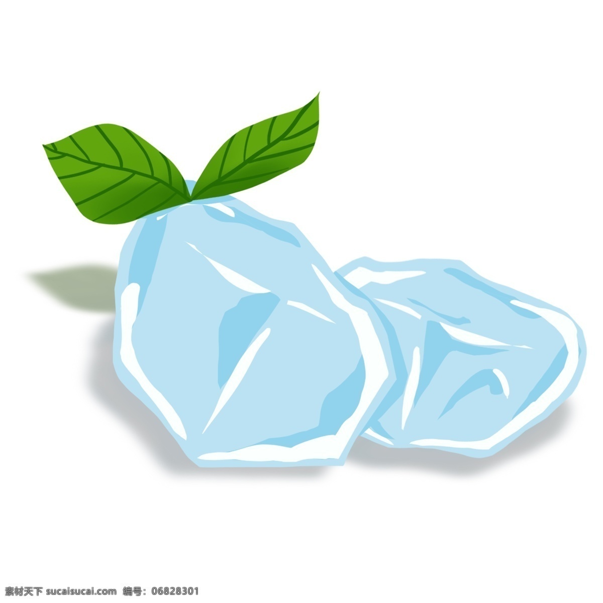 蓝色 冰块 绿叶 插画 蓝色冰块 绿叶插画 透明冰块 两块冰块 蓝色透明冰块 冰 夏季 凉爽的冰块