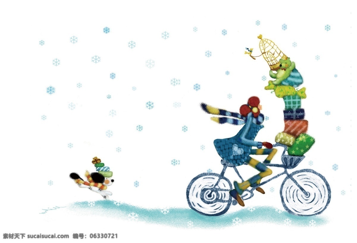 冬天免费下载 白色 冬天 卡通 礼物 女孩 骑车 下雪 原创设计 其他原创设计