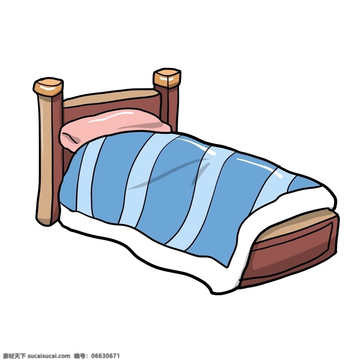 褐色 单人床 插画 褐色的床 蓝色的被子 手绘木床 家具家装 漂亮的木床 卡通木床 木床插画