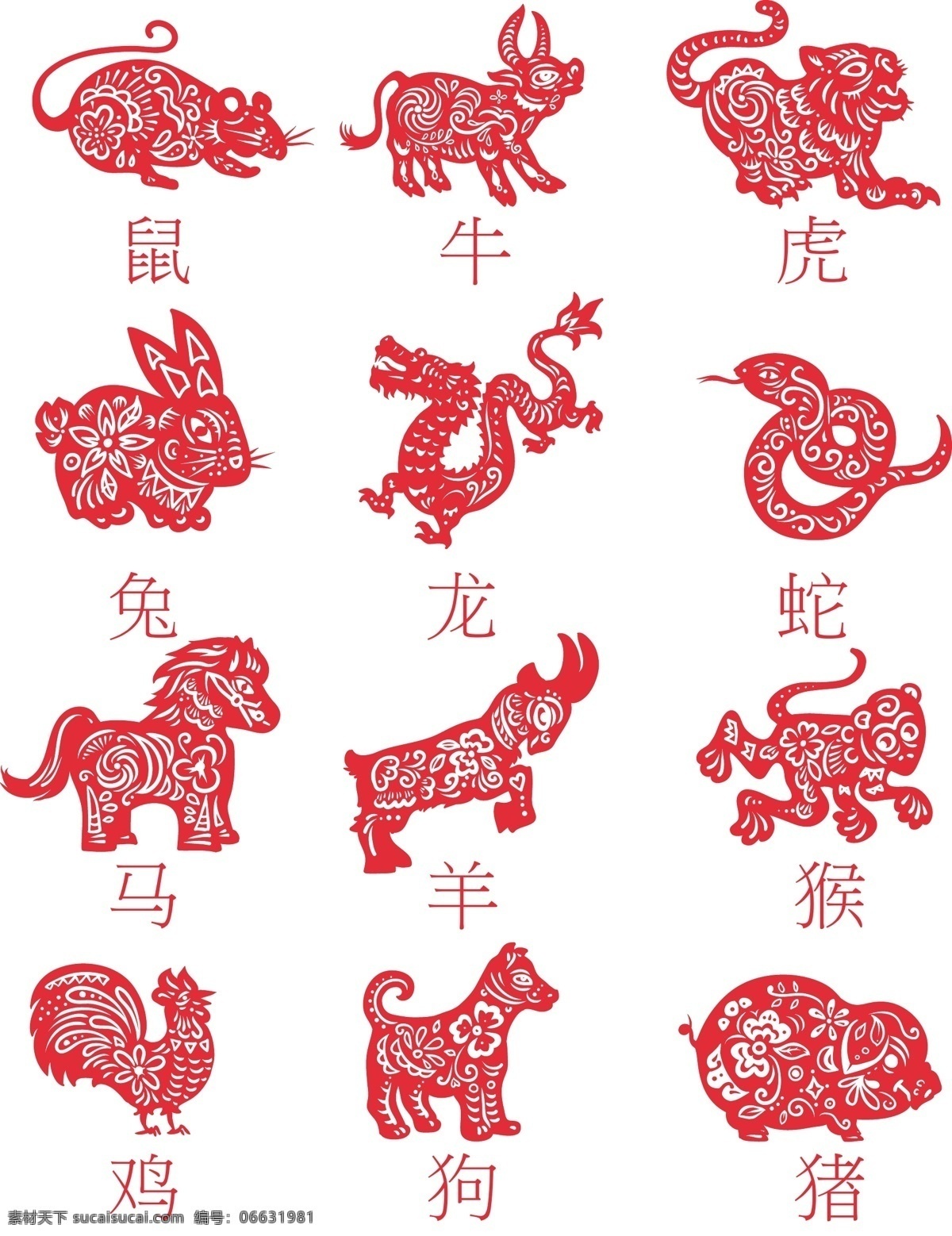 十二生肖剪纸 红色 喜庆 中国风 鼠 牛 虎 兔 龙 蛇 马 羊 猴 鸡 狗 猪 文化艺术 传统文化