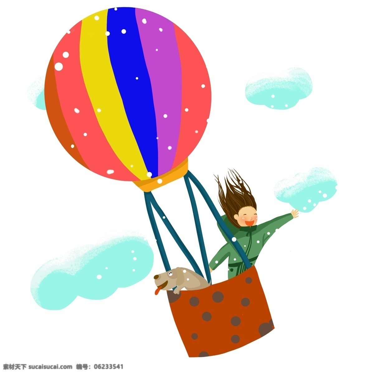 冬季 旅行 热气球 插画 蓝色的云朵 卡通插画 开心的孩子 可爱的狗狗 五彩的热气球 手绘旅行插画