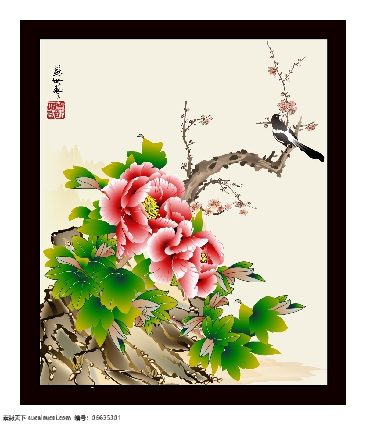 牡丹无框画 工笔花鸟 桃花 喜鹊 牡丹 花开富贵 吉祥 如意 牡丹墙画 牡丹喷绘 矢量无框画 文化艺术 绘画书法