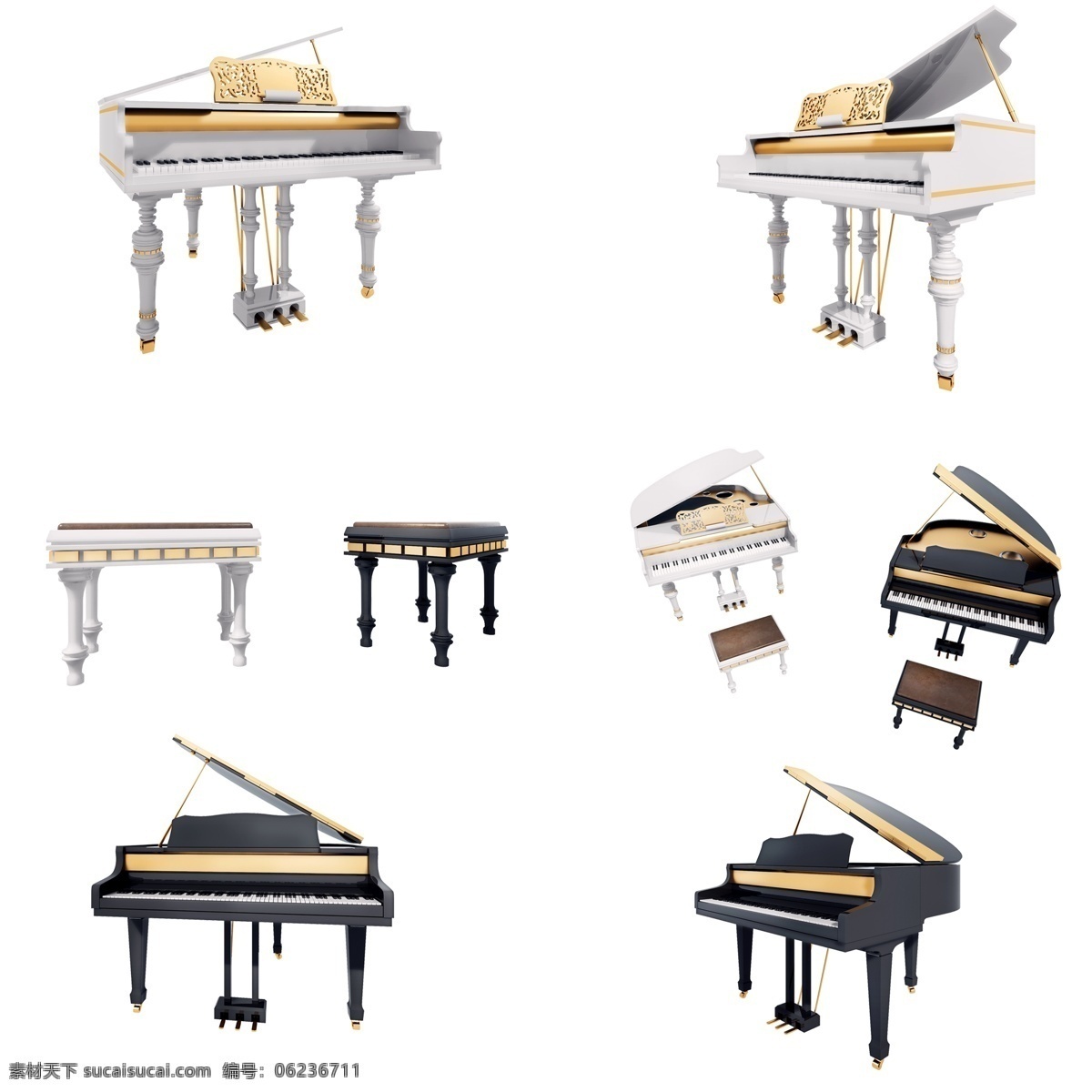 质感 立体 钢琴 套 图 白色钢琴 黑色钢琴 钢琴椅 仿真 精致 镀金 3d 创意 套图 png图