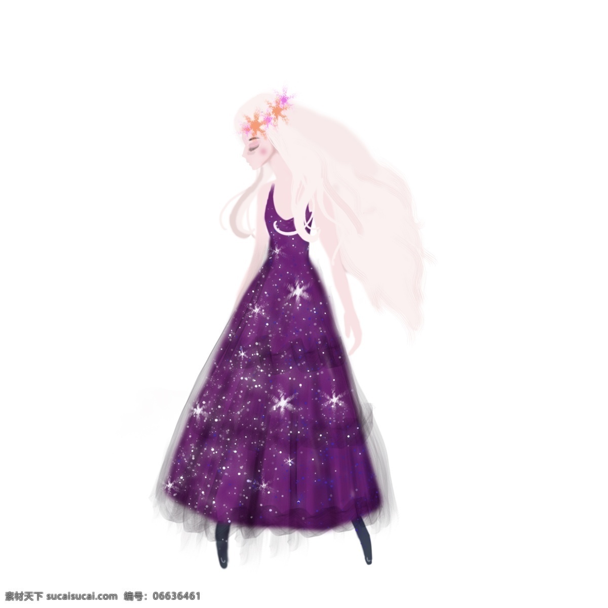 梦幻 手绘 女孩 商用 元素 女生 人物设计 手绘素材 紫色长裙