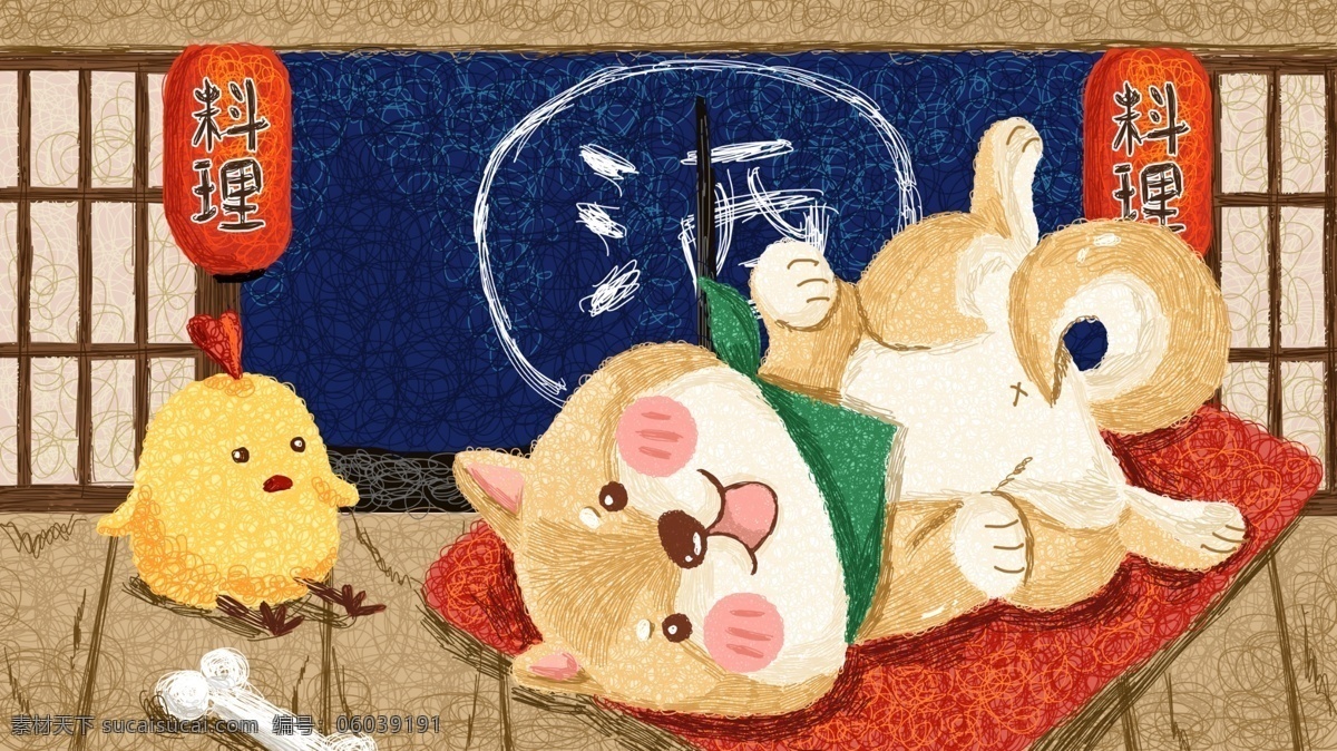 和风 卖 萌 打滚 柴 犬 线圈 插画 商业 小清新 可爱 灯笼 日式 宠物 狗 柴犬 卖萌 居酒屋 小鸡 手绘 治愈