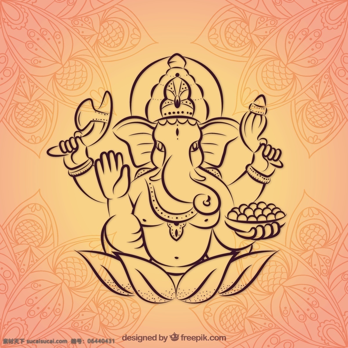 手绘 甘 尼萨 背景 花 手 动物 瑜伽 曼陀罗 花卉背景 大象 印度 宗教 插图 符号 文化 传统 华丽 画神 印度教 黄色