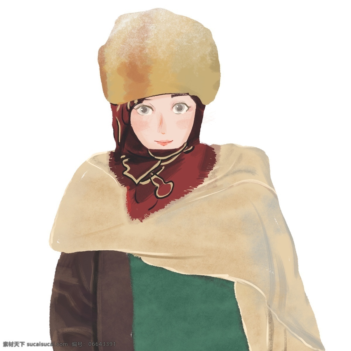 穿 冬装 漂亮 蒙古 女孩 冬季 插画 卡通 手绘 女生 人物设计