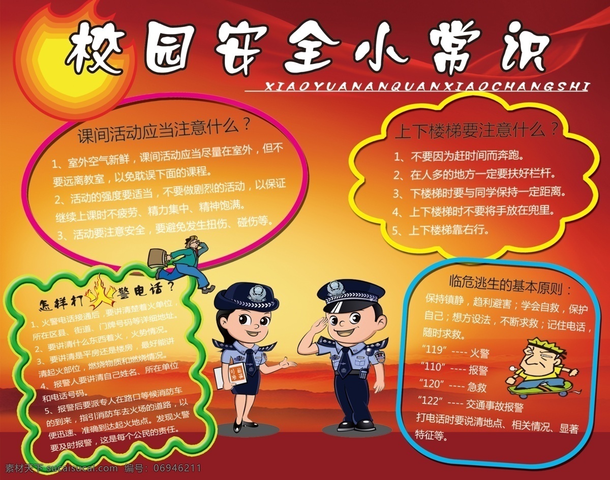 校园 安全 小常 识 红色背景 卡通警察 火警电话 学校 上课 上下 楼梯 急救电话 卡通人物 展板背景 背景素材 分层 源文件