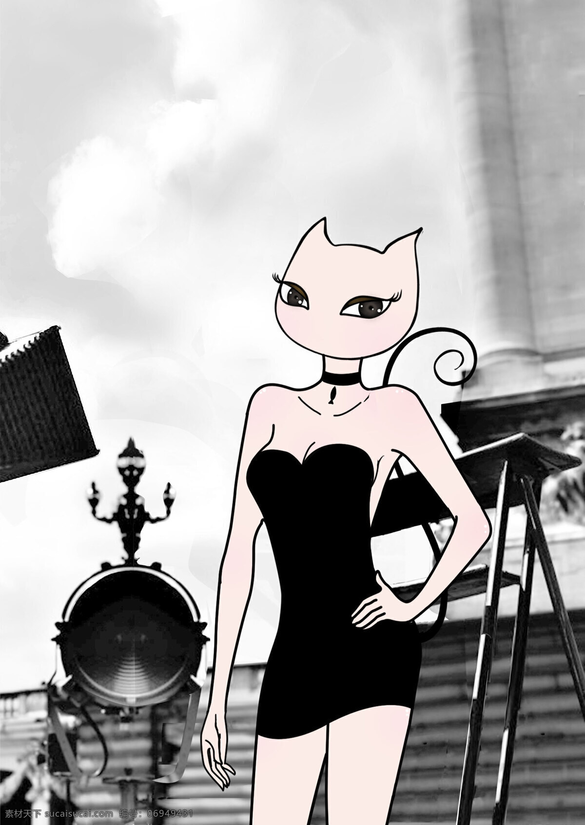 猫 年华 女郎 欧式 复古 系列 黑猫 半身 猫样年华 猫女郎 原创 品牌 插画 白色