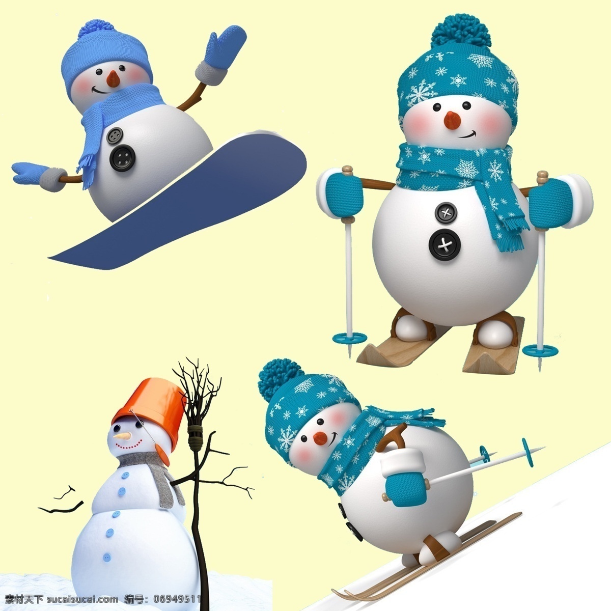运动雪人 圣诞元素 圣诞小素材 运动的雪人 蓝色雪人 滑雪的小雪人 分层 源文件