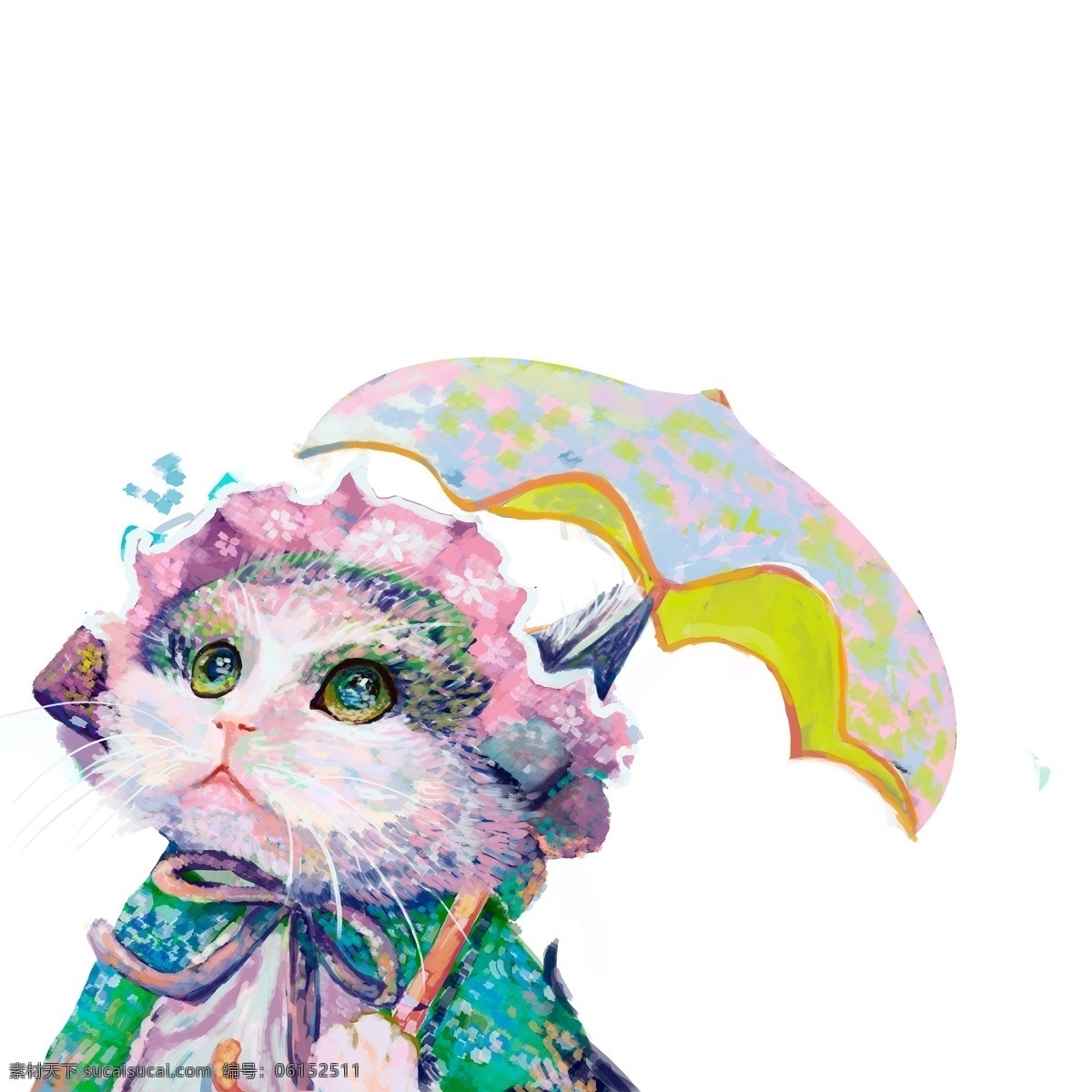 彩绘 撑 雨伞 贵妇 猫咪 创意 动物 手绘 萌宠