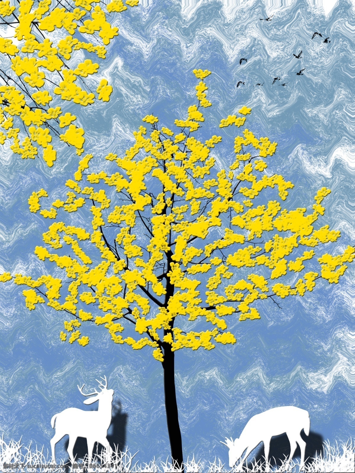 梦幻 手绘 立体 黄梅 树 客厅 装饰画 原创 立体画 小鹿剪影 一联画 渐变 蓝色 波浪 背景