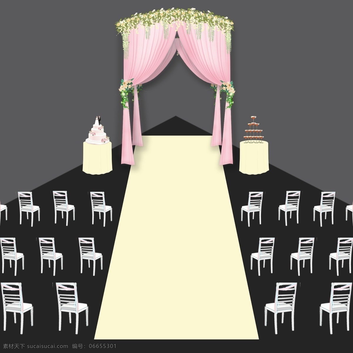 户外 婚礼 仪式 区 粉色 香槟色 竹节椅 分层