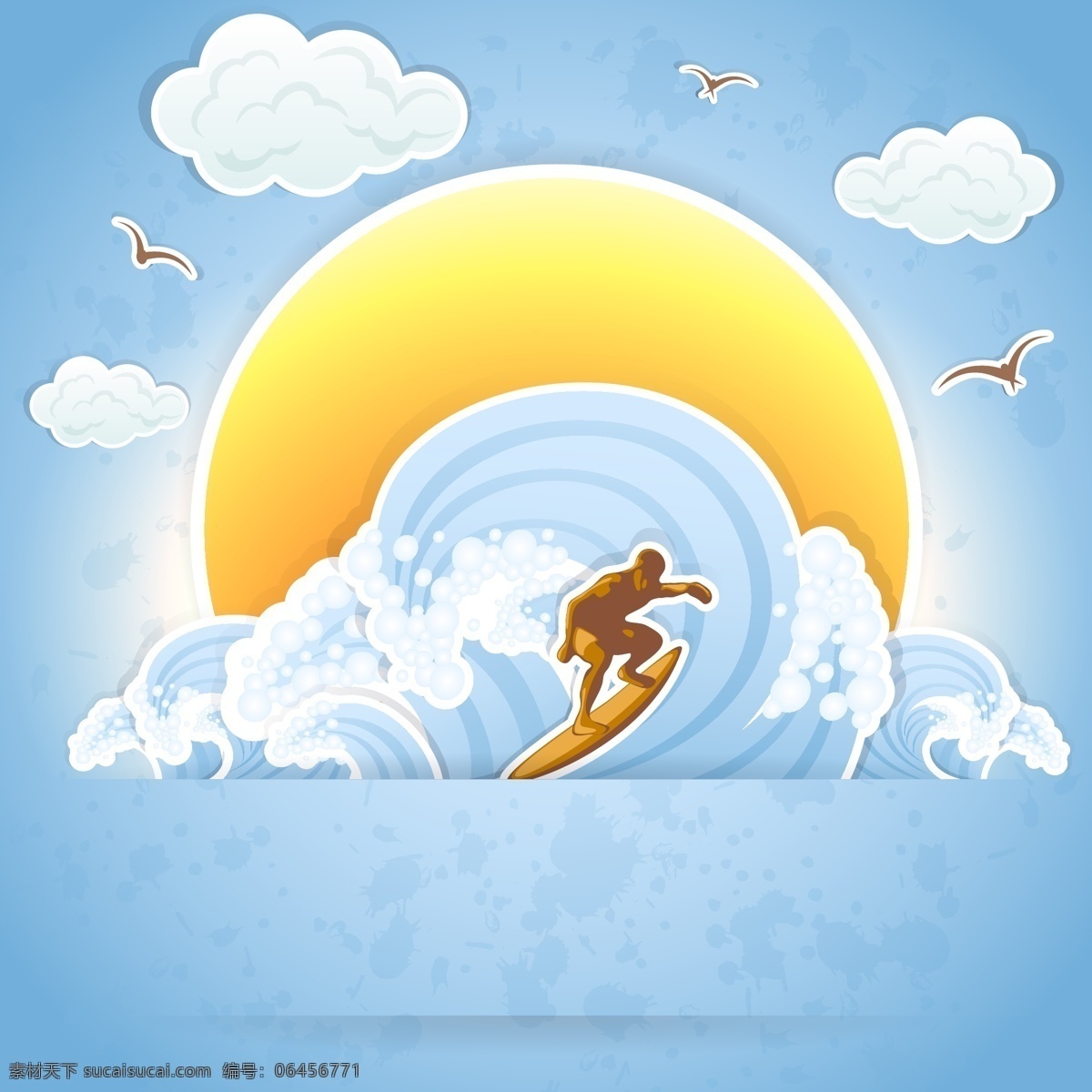 海面 上 冲浪 人物 插画 白云 浪花 太阳 夏天