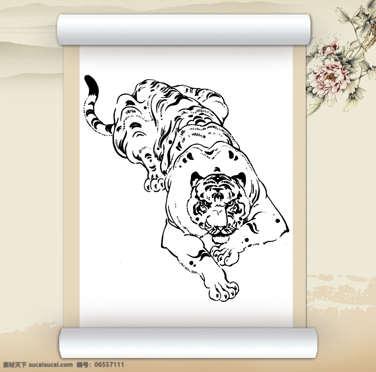 中国 风 老虎 绘画 白描 动物 工笔 绘画书法 卷轴 美术 设计图库 文化艺术 线描 中国水墨 走兽 百兽 家居装饰素材 室内装饰用图