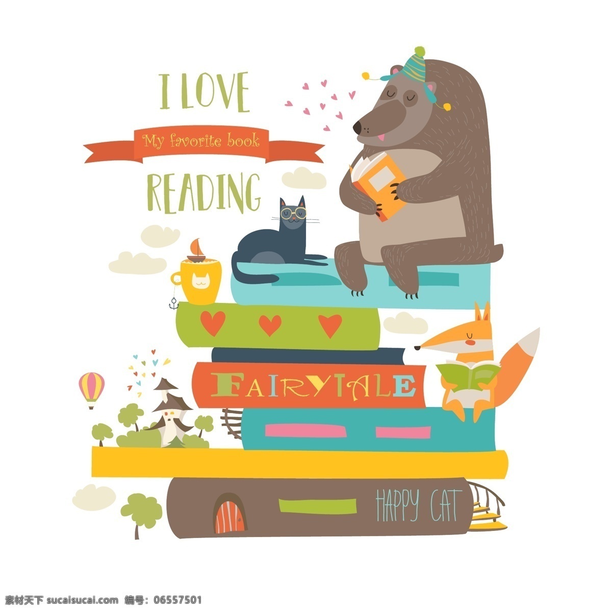 可爱 卡通 动物 元素 阅读 书籍 卡通动物 矢量动物 熊