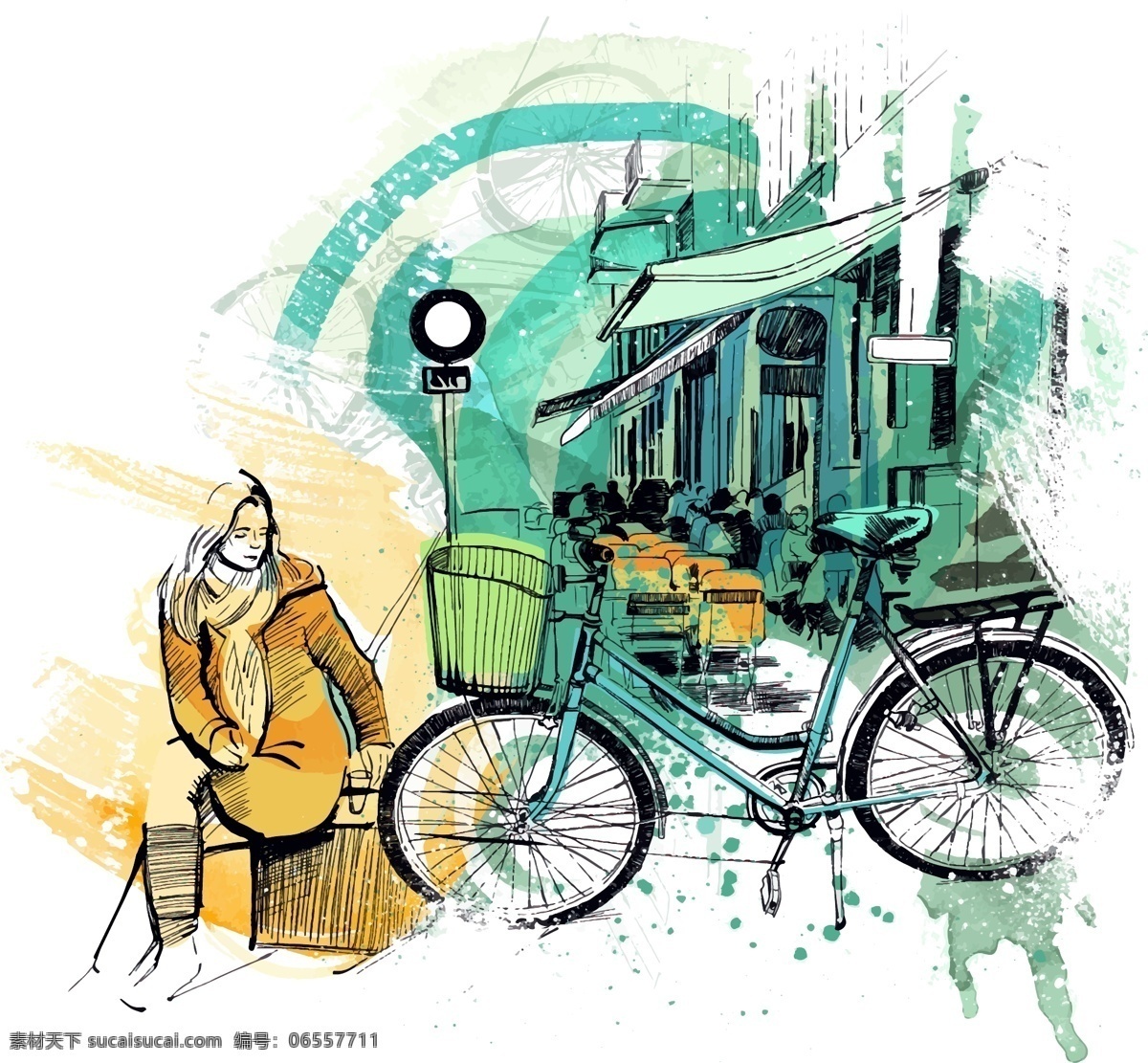 涂鸦 水彩画 人物 自行车 插画 建筑 艺术