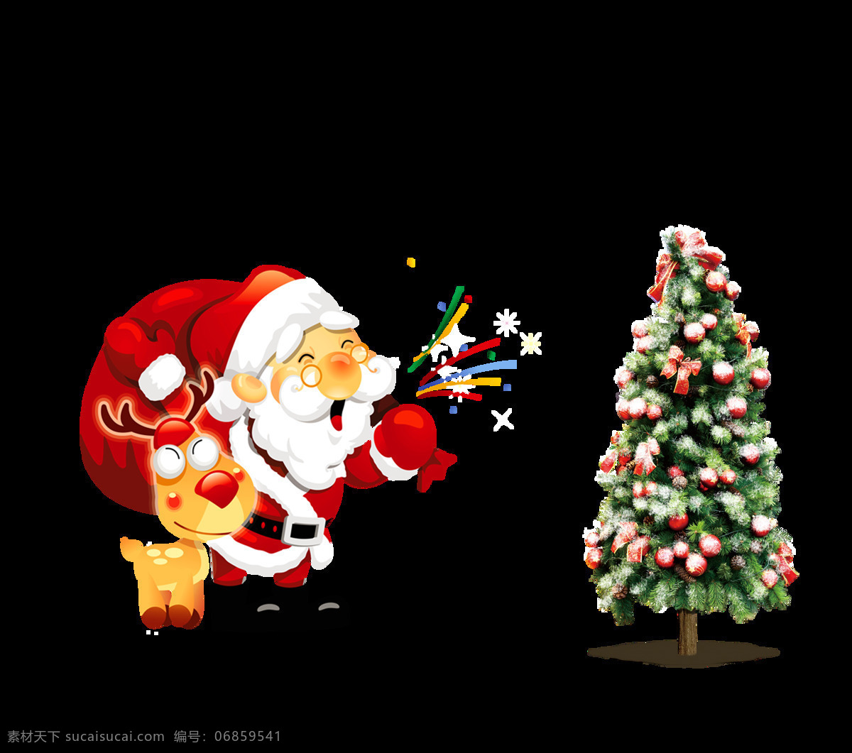 手绘 卡通 圣诞老人 麋鹿 圣诞树 可爱 开心 礼花 圣诞节 圣诞