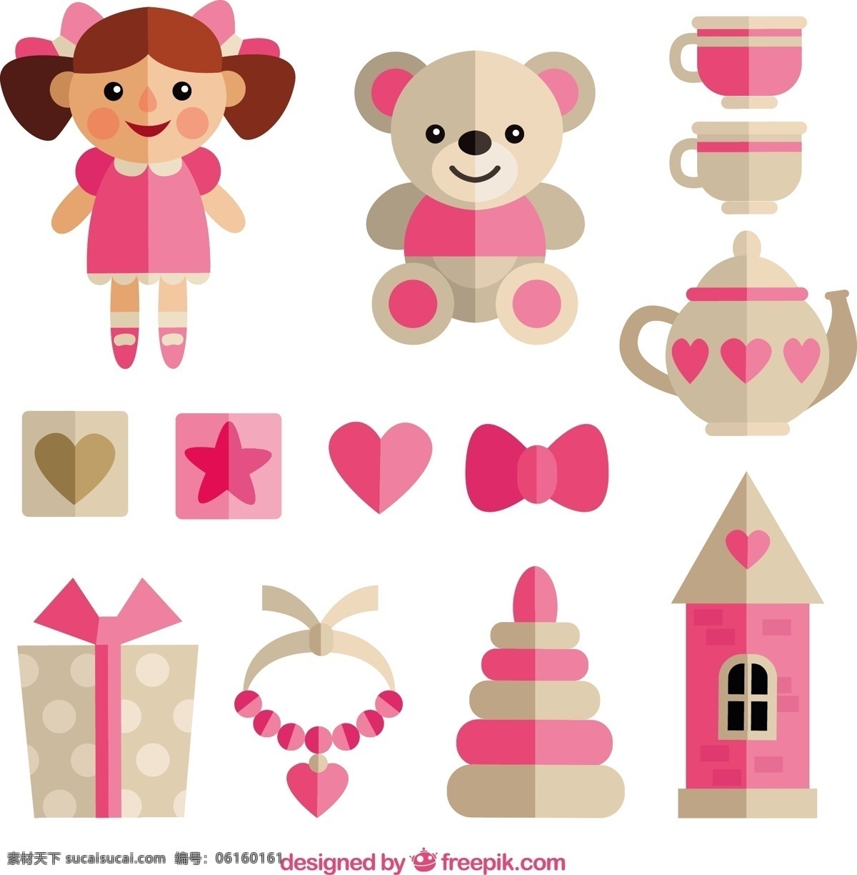 粉色女孩玩具 粉红色 扁平 可爱 公主 城堡 玩具 平面设计 播放 娱乐 搞笑 泰迪 玩偶 女孩