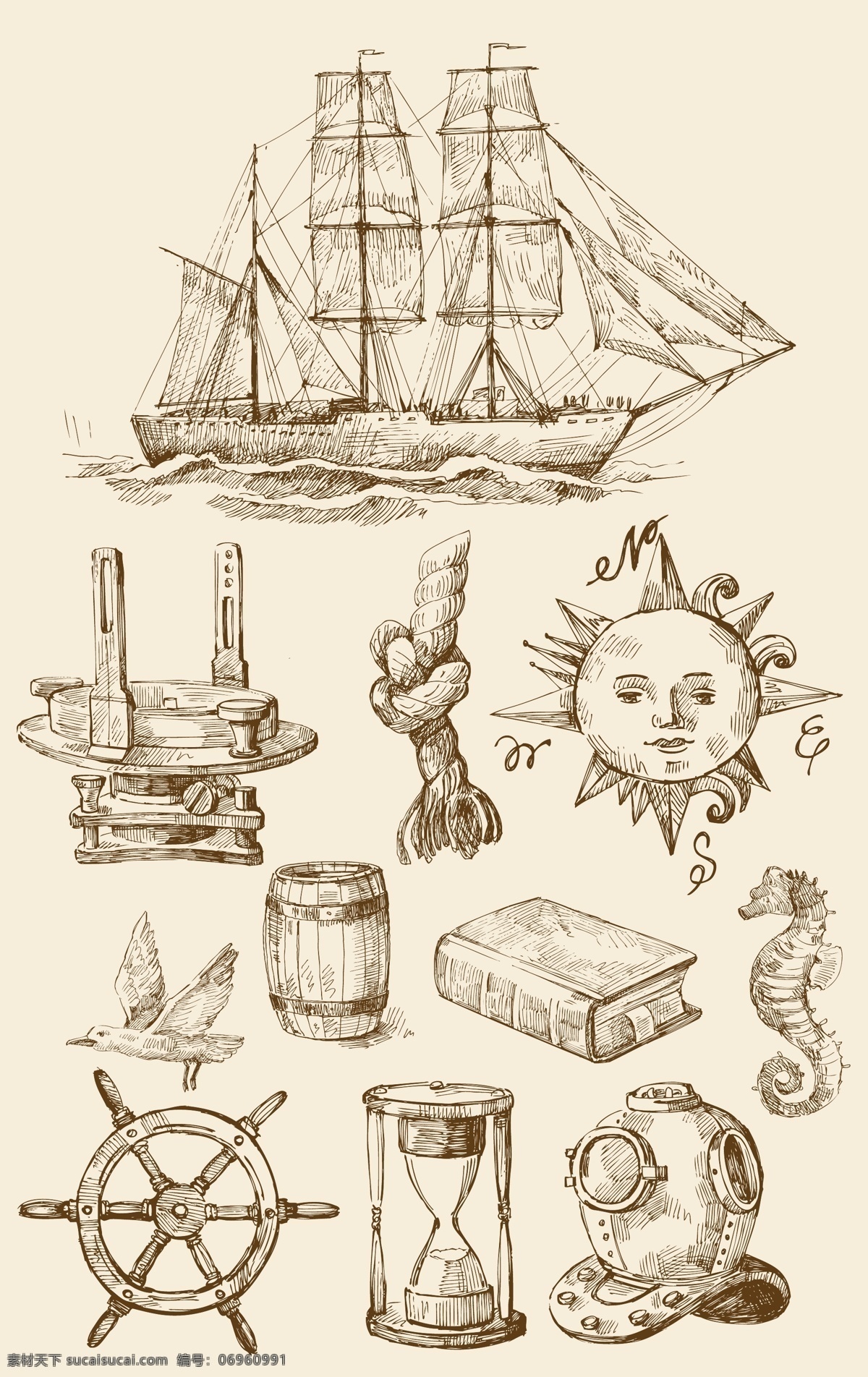 怀旧 手绘 航海 图标 帆船 绳索 绳子 麻绳 方向盘 飞鸟 太阳 图书 素描画 钢笔画 矢量 其他设计