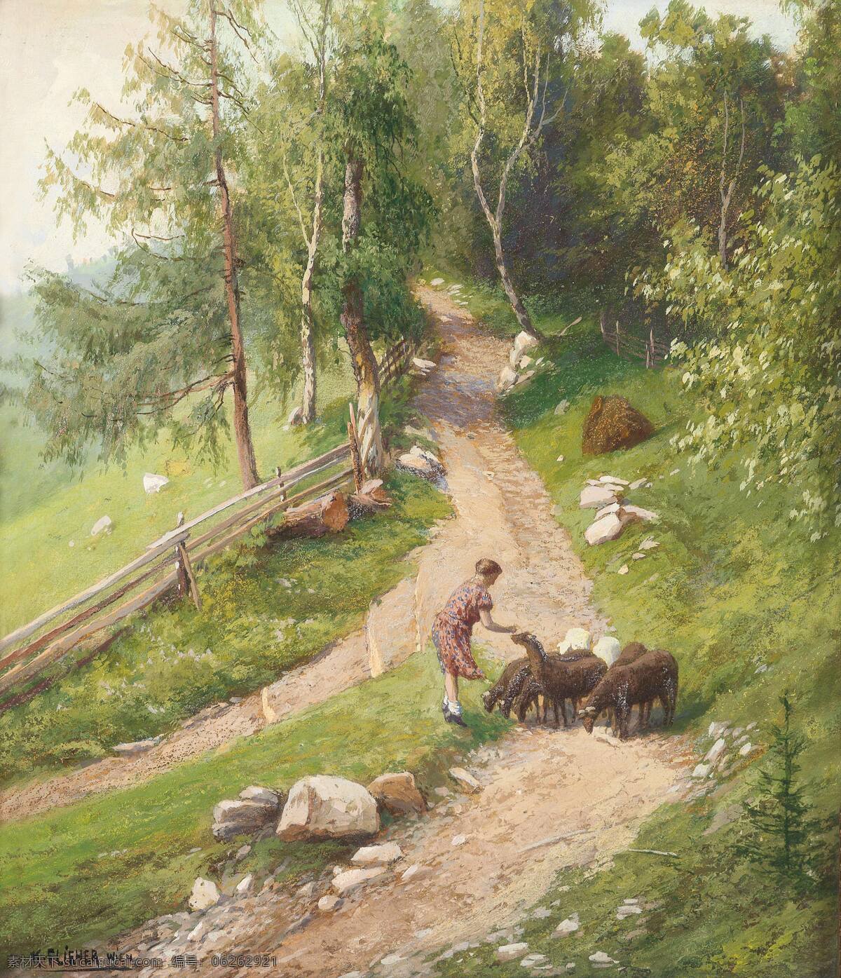 半山腰 立夏 山林 绿草地 羊肠小道 一女孩儿 喂羊 19世纪油画 油画 文化艺术 绘画书法