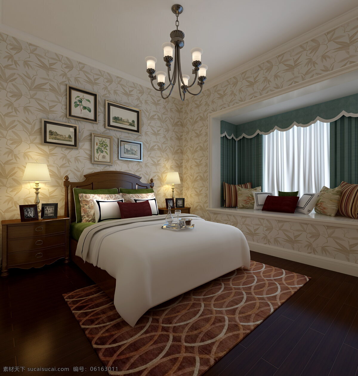 美式 清新 卧室 圆环 图案 地毯 室内装修 效果图 木地板 卧室装修 飘窗 蓝色窗帘