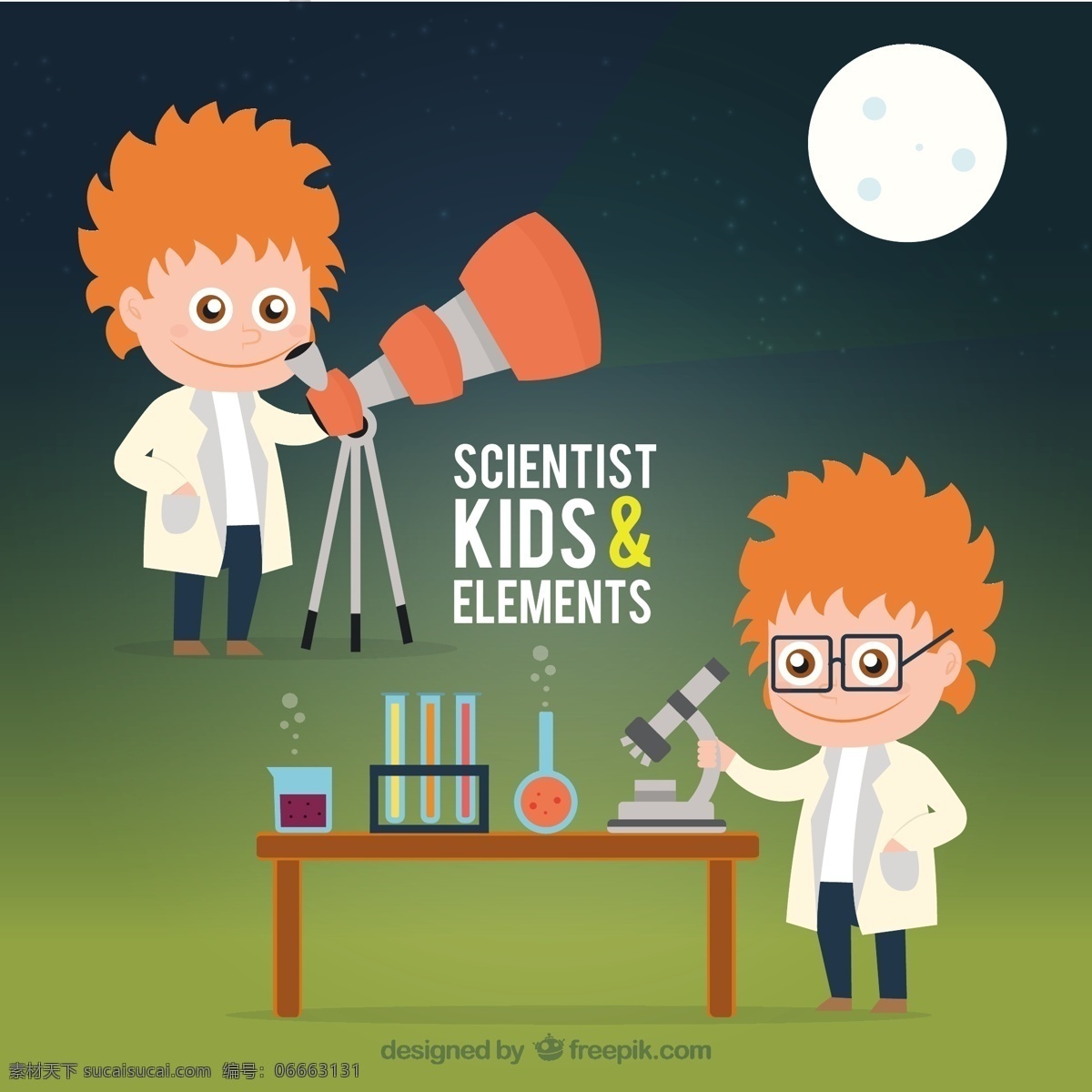 望远镜 显微镜 拍摄 科学家 儿童 卡通 科学 化学 实验室 原子 测试 分子 试管 实验 黄色